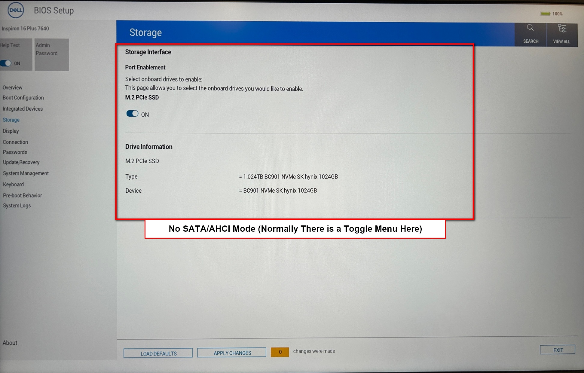 Dell Inspiron 16plus bios storage configuration missing AHCI mode