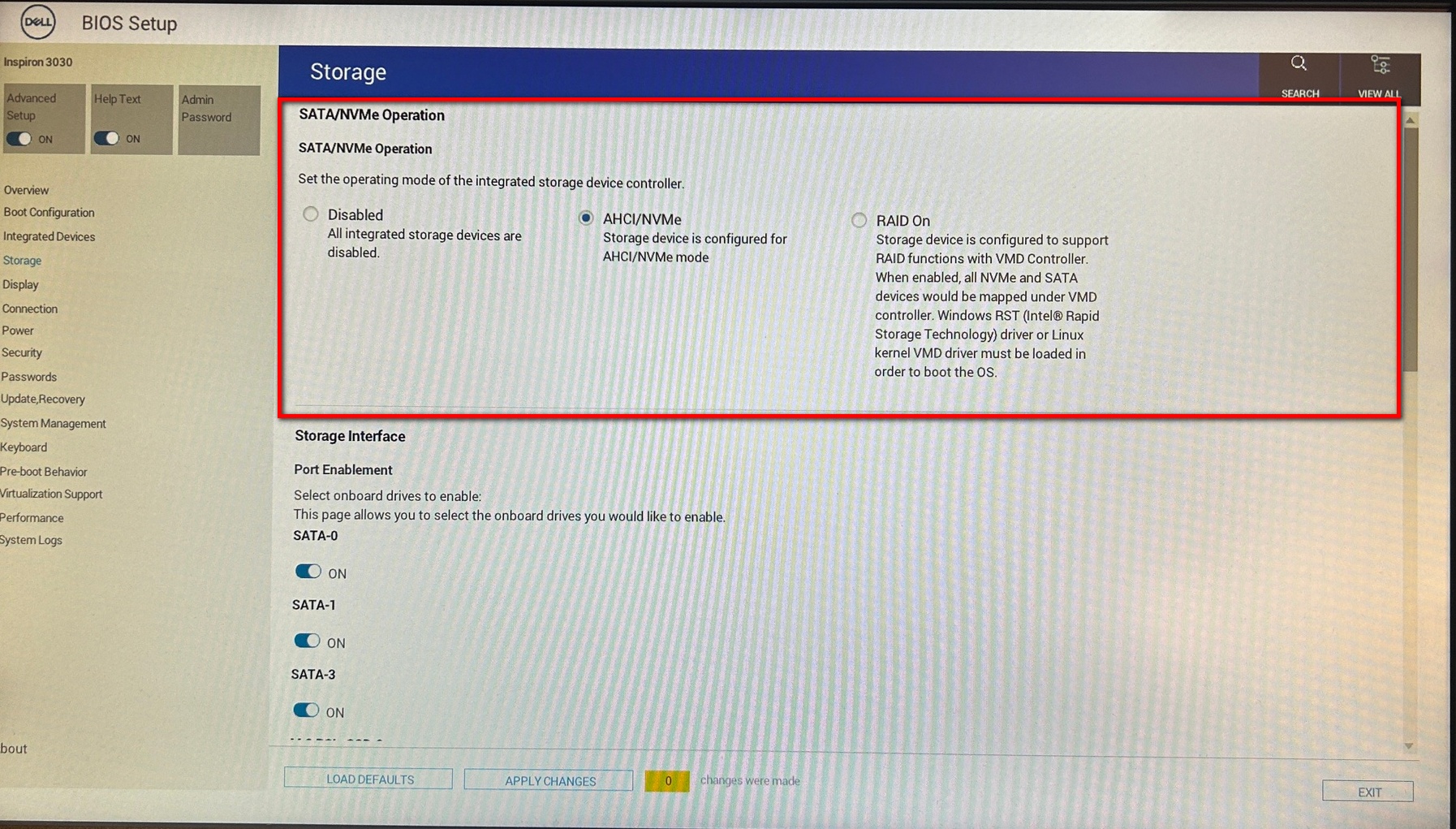 Konfigurasi penyimpanan bios Dell Inspiron 3030 mode AHCI